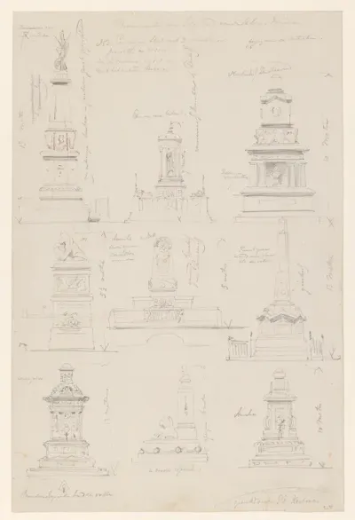 Schetsblad met ontwerpen voor het monument voor Bernhard, hertog van Saksen-Weimar, op het Huygensplein Den Haag