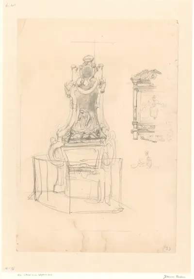 Schetsblad met studies van een grafmonument en een epitaaf