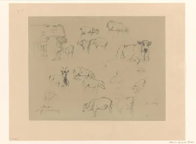 Schetsblad met studies van koeien, varkens, geiten en een paar boeren