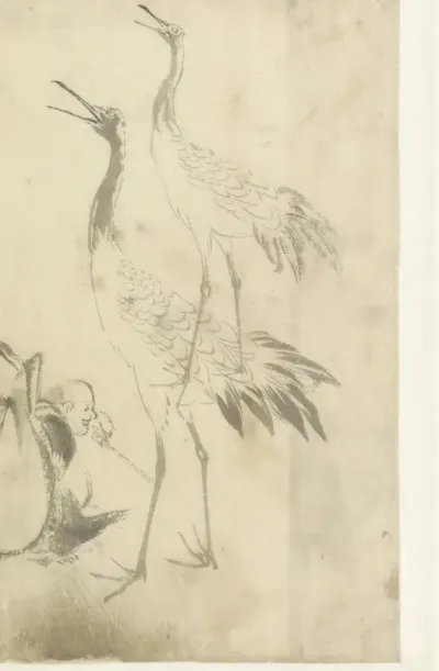Schetsblad met twee kraanvogels en een man met knapzak