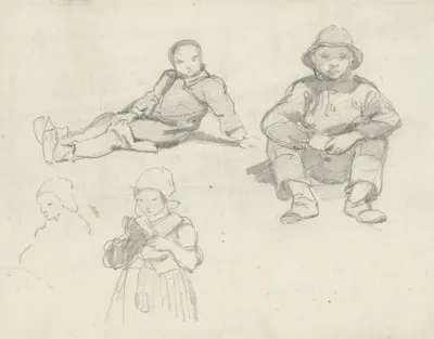 Schetsblad met twee zittende Scheveningse vissersjongens, staand een meisje ten halven lijve