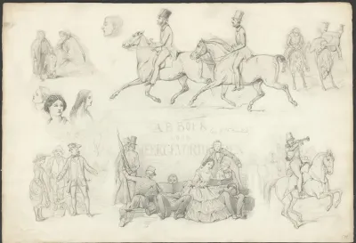 Schetsblad met uiteenlopende studies van mensen en paarden