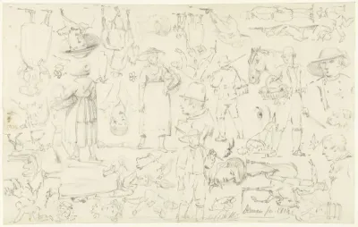 Schetsblad met vele figuren en dieren
