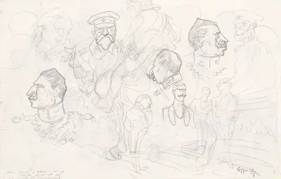 Schetsblad met vele figuren