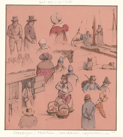 Schetsblad met verschillende stadstypes, waaronder Zaankanters en een appelverkoopster