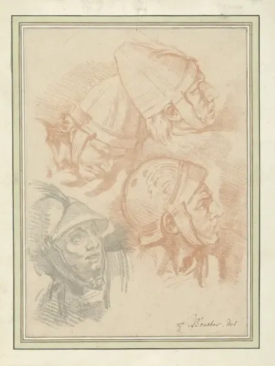 Schetsblad met vier koppen van gehelmde soldaten