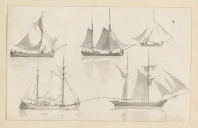 Schetsblad met vijf zeilschepen
