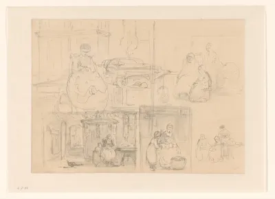 Schetsblad met vrouwen en kinderen