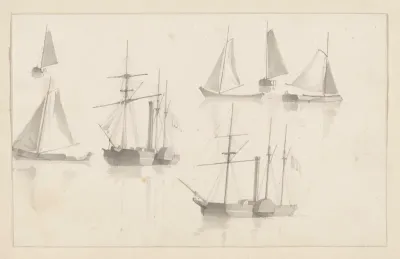 Schetsblad met zeilschepen en raderboten