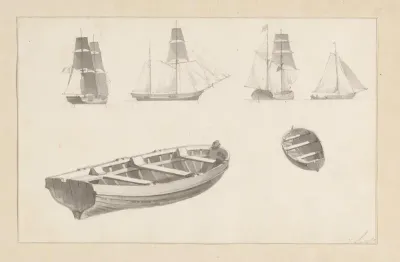 Schetsblad met zeilschepen en roeiboten