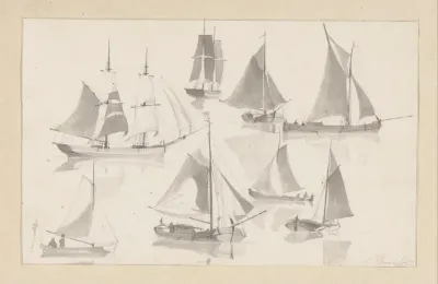 Schetsblad met zeilschepen