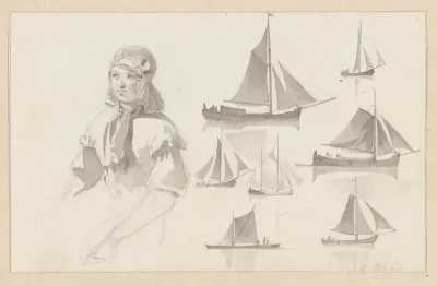 Schetsblad met zittende vrouw en zeilschepen