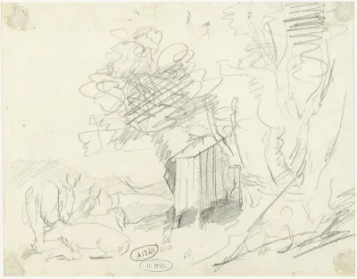 Schetsen van bomen, vee en een hut
