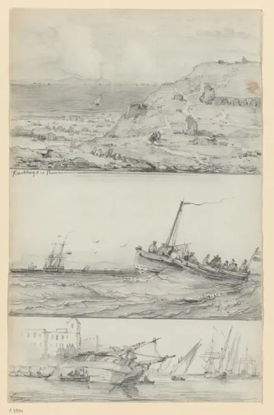 Schetsen van de ruïnes van Carthago, een zeegezicht en een scheepswerf te Tunis