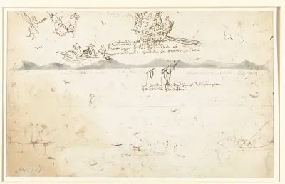Schetsen van een landschap en figuren in boten