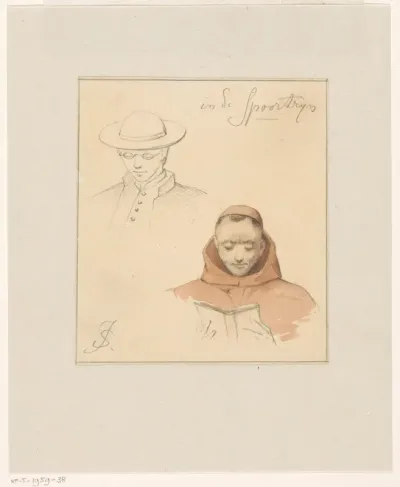 Schetsen van een pastoor en een monnik, die leest in een boek, van de reis van 1864