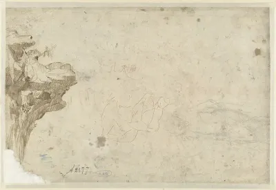 Schetsen van een rotslandschap, een staande man en een draperiestudie