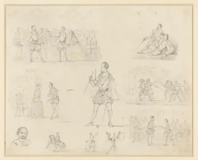 Schetsen van figuren in Spaans kostuum