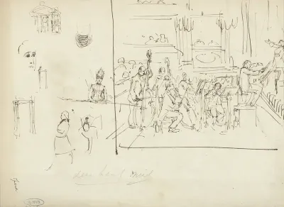 Schetsen van het orkest en enkele toeschouwers in de schouwburg