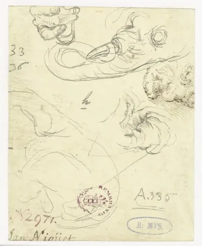 Schetsen van olifant en hand en hoofd van een man