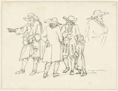Schetsen van staande mannen met een jongetje