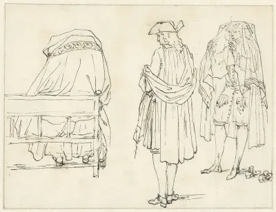 Schetsen van staande mannen, twee met een mantel over het hoofd