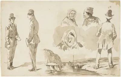 Schetsen van twee soldaten, andere figuren en een landschap