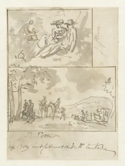 Schetsen van twee zittende figuren en een landschap met mensen te paard