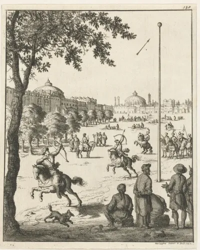 Schietoefeningen van Perzen te paard met pijl en boog