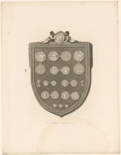 Schild met munten uit de tijd van Hendrik IV tot Hendrik VI
