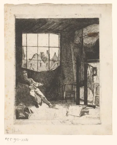 Schilder aanschouwt zijn werk in zijn atelier