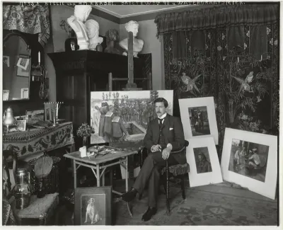 Schilder Heinrich Krabbé in zijn atelier op de Bredeweg 40 in Watergraafsmeer