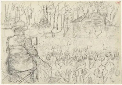 Schilder in een tulpenveld