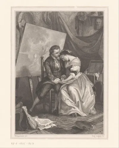 Schilder in omhelzing met een vrouw in zijn atelier