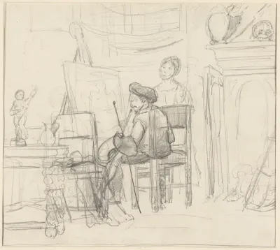 Schilder in zijn atelier voor de ezel, rechts een vrouw