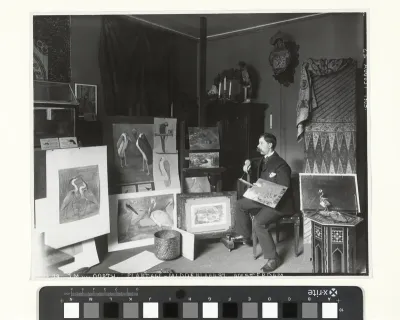 Schilder Jan van Oort in zijn atelier aan de Plantage Middenlaan 37 in Amsterdam