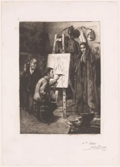 Schilder, zijn model en een kunstminnaar in het atelier