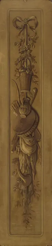 Schildering in grisaille met een aan een strik opgehangen trofee