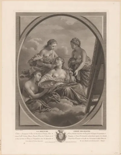 Schilderkunst (Pictura) vergezeld door de drie gratiën