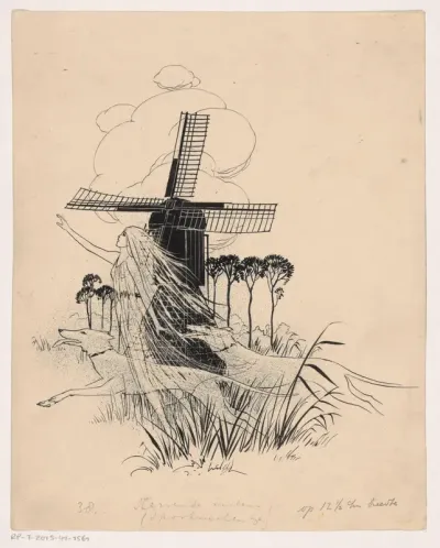 Schim van een meisje en twee honden bij een molen
