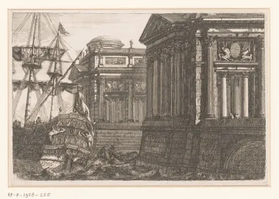 Schip bij twee antieke gebouwen