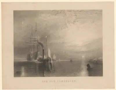 Schip HMS Temeraire door de Theems gesleept
