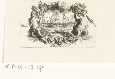 Schip in een ornamentele lijst met triton en nereïde