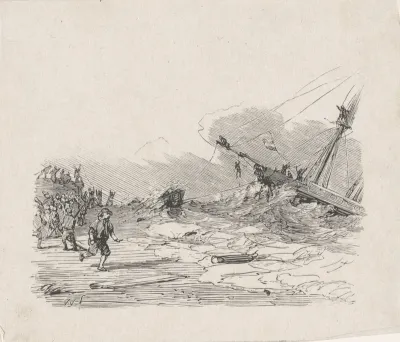 Schip in een storm met touwen vastgehouden door mannen op de kust