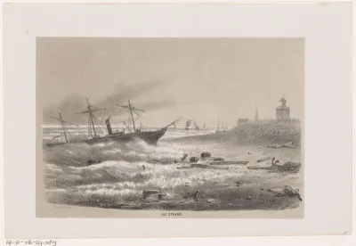 Schip in problemen bij het strand tijdens de storm van 28 mei 1860