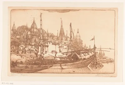 Schip met brandhout aan de oever van de Ganges in Benares