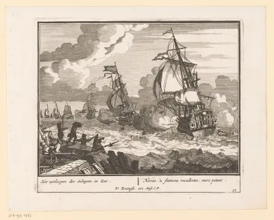 Schip neemt deel aan een gevecht voor de kust