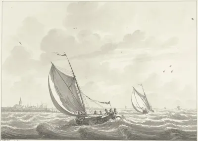 Schip onder zeil op de Maas, in de verte de dorpen Oud en Nieuw Beijerland