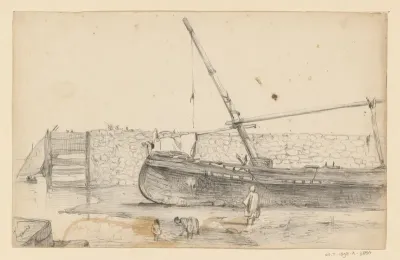 Schip op drooggevallen oever