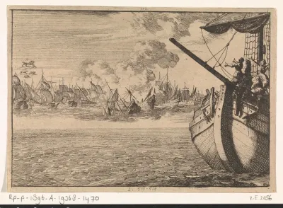 Schip van stuurman Ewoud Drouwert voor de monding van de Maas met in de verte een fata morgana van strijdende schepen, 1651